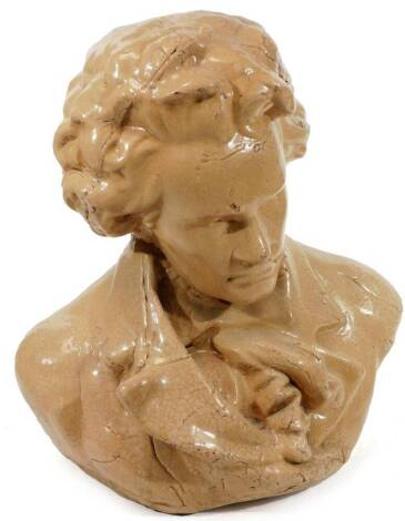 A 20thC pottery bust of Beethoven, quarter profile, unmarked, 50cm H.