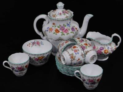 Various china and effects, a Wedgwood Peter Rabbit plate, 25cm Dia. various pieces of Royal Crown Derby Derby Posies china, a large glass crystal orb, Kaiser Parian style rabbit ornament, Copeland Spode Lauriston part tea service to include teapot, cups, - 6