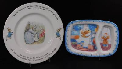 Various china and effects, a Wedgwood Peter Rabbit plate, 25cm Dia. various pieces of Royal Crown Derby Derby Posies china, a large glass crystal orb, Kaiser Parian style rabbit ornament, Copeland Spode Lauriston part tea service to include teapot, cups, - 9