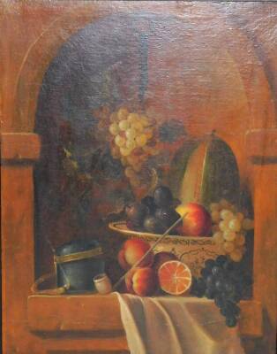 19thC Continental School. Still life, pipe and fruit in an alcove, oil on canvas, unsigned, 66cm x 49cm.