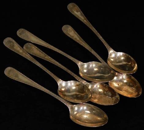 A set of six Victorian silver teaspoons, bright cut old English pattern, initialled, 1862, 14cm W, 4oz.