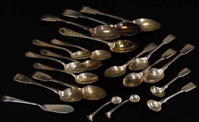 Various silver spoons, to include Georgian, Victorian and later examples, fiddle pattern teaspoon, London 1887, 14cm W, various preserve spoons, dessert spoons, etc. 13½oz all in. (a quantity, various dimensions, makers and dates)