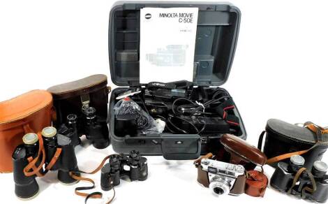 Various cameras, to include a Kodak Proto-LK in brown leather case, binoculars, one marked Paris, three other cased sets, Ross of London, etc. a Minolta Movie C-50E camera in fitted cased. (a quantity)