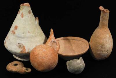 Various Roman and Greek style vessels, a hand thrown and terracotta vase, 17cm H, oil lamp, small ewer, etc. (a quantity)