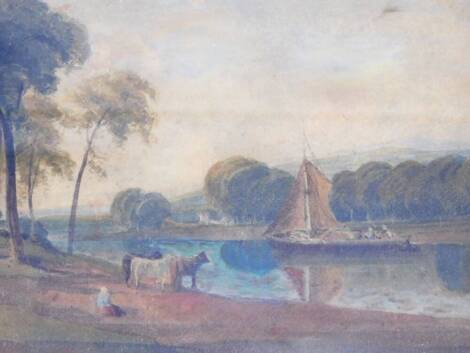 19thC English School. Figure on open ground before cattle, stream and boat, watercolour, unsigned, 24cm x 32cm.