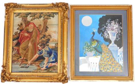 19thC English School. Religious scene, tapestry, in a highly decorative 19thC gilt wood frame, with scroll and shell spandrels and an inner floral moulding, the frame 58cm x 49cm and a further picture of a peacock, mixed media. (2)