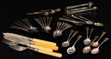 Various silver items, Georgian and later teaspoons, bright cut sugar bows, 14cm W, London 1826, various other silver teaspoons, further cutlery with plated blades, etc. 15½oz of silver. (a quantity, various dates and marks)