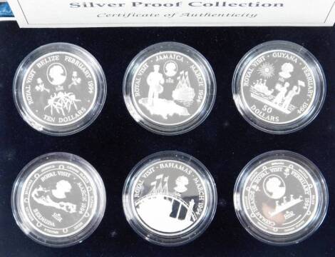 A Royal Mint 1994 Caribbean Royal Visit silver proof coin collection, with six coins, paperwork and outer plastic wrapper