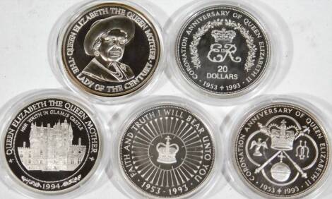 Various silver proof coins, comprising of a Elizabeth II Coronation 40th Anniversary silver proof crown, with paperwork and others similar, Cayman Islands 1953-1993 silver anniversary crown, 1995 Turks and Caicos Islands proof twenty crown and 1994 Wester