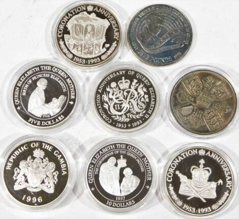 Various silver proof coins, etc. comprising of a 1995 Solomon Islands silver proof ten dollar, with paperwork and outer pouch, others similar, 1996 The Gambia silver proof twenty dollars, Guernsey 1953-1999 silver proof crown, 1994 New Zealand Queen Eliz