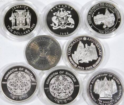 Various silver proof commemorative coins, comprising a 1993 Jamaica silver proof ten dollar, with outer pouch and paperwork and others similar, a 1994 Barbados Queen Elizabeth The Queen Mother Lady of The Century silver proof five pound, 1995 Fiji silver 