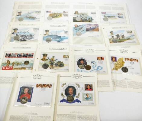 Various anniversary first day cover coin sets, to include History of World War II set to include D-Day Anniversary, US First Army Troops, various others, Royal Family Queen Elizabeth II 70th Birthday, D-Day fifty pence cover, Jersey coin first day cover, 