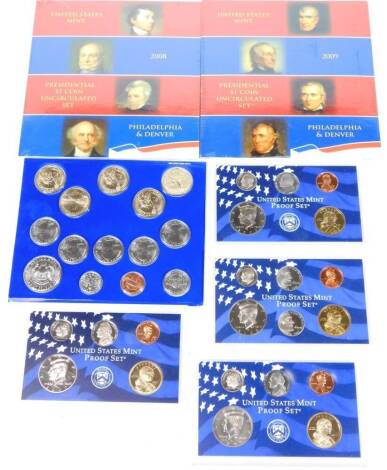 Various coin proof sets, United States mint proof set, 2001, 2002, 2000 and 2005, 2011 United States Mint Uncirculated Coin Set Philadelphia and two United States mint one dollar uncirculated sets in blister packs, 2008 and 2009. (a quantity)