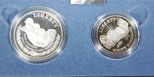 The United States Mount Rushmore Anniversary proof coin set, in fitted case with paperwork.