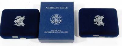 An American Eagle one ounce proof silver bullion coin sets, two include 2005, 2008, etc. each in outer box and packaging. (3) - 3