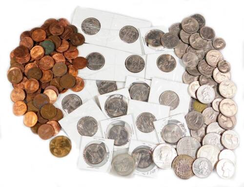 Various world used coins, etc. a 1971 half dollar, various other American Canadian, etc. Liberty quarter dollar, 2003 Arkansas quarter dollar, various others, mainly American. (a quantity)