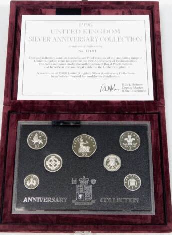 A Royal Mint silver 1996 Anniversary Coin Collection proof set, with outer box and packaging.