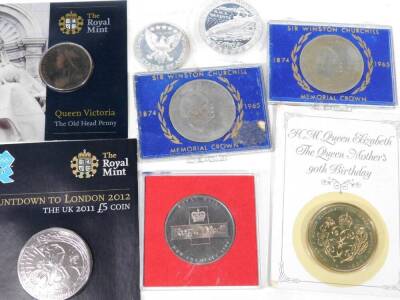 Various coins, collectors coins, etc. an Elizabeth II Gibraltar 1993 Ship's of The World crown, probably silver, other coins, Queen Victoria old head penny in Royal Mint packaging, Robert Kennedy and John F Kennedy commemorative crown, Churchill crown, v - 4