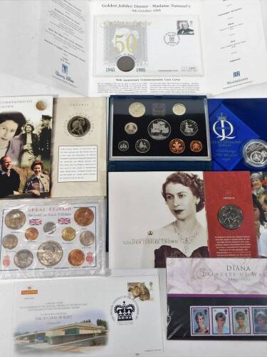 Various coin sets, etc. Great Britain Farewell To Pounds, Shillings and Pence, coinage to include Churchill crown, Golden Jubilee 50 Years Service set, Golden Jubilee crown, Royal Mint 1996 Proof Coin Collection, various others, Diana Princess of Wales 1