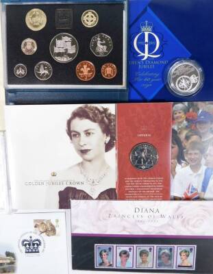 Various coin sets, etc. Great Britain Farewell To Pounds, Shillings and Pence, coinage to include Churchill crown, Golden Jubilee 50 Years Service set, Golden Jubilee crown, Royal Mint 1996 Proof Coin Collection, various others, Diana Princess of Wales 1 - 3