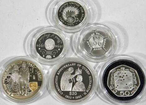 Various silver proof coins, a Falkland Islands proof five pound in outer case with packaging and paperwork, others similar, fifty pence, 1994 silver proof two pound coin, 1996 Celebration of Football two pound coin, Tuvalu commemorative silver proof coin 