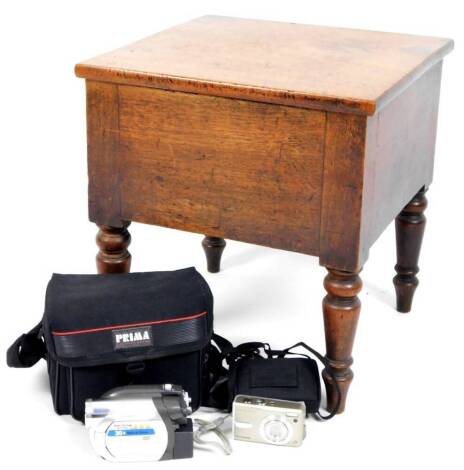 A 19thC mahogany box commode, of square form, on turned legs, with plain interior 46cm H, 45cm W, 43cm D and a Panasonic VDR-D100 DVD video with accessories, etc. (a quantity)