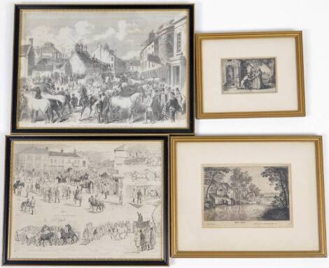 After Wencesalus Hollar. Figures before tree and hutch, engraving, no.GEN:18.2, bearing signature 1614, 8cm x 12cm, a further later engraved print and two others, The Annual Horse Fair At Horncastle, etc. (4)