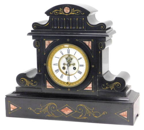 A late 19thC French black slate and marble mantel clock, with parcel gilt embellishment, the enamel dial with anchor escapement, Roman numerals, the shaped case on a rectangular base, 50cm W.