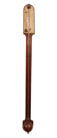 A 19thC mahogany cased stick barometer by Taylor of Pontefract, open faced with an ivory gauge, red spirit thermometer and vernier, the case plain form, 92cm H.