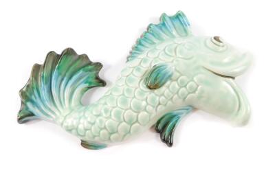 A Clarice Cliff pottery fish wall pocket, of grotesque form, painted in shades of blue and green, no.192, printed and embossed marks, 28cm W.