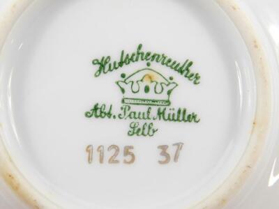 An early 20thC Hutschenreuther porcelain hors d'oeuvre's set, of twin handled circular form decorated with bands of gold and red, comprising one large and five small dishes, printed mark, large dish 22cm Dia. - 3