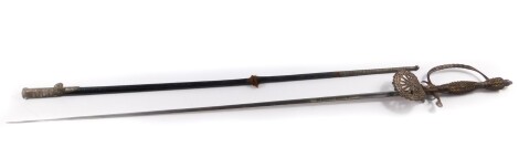 A Victorian court sword, with a cut steel hilt and guard, steel blade with engraved foliate decoration, named for Bently Cronin & Howell, 26 Sackville Street, W., with leather and cut steel scabbard, 97.5cm L.