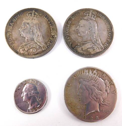 Two Queen Victoria Crowns 1887 and 1889, silver Peace Dollar 1922, and a Quarter Dollar 1932, 88.8g. (4)