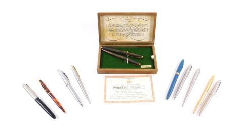 A Parker 75 Cisele sterling silver fountain and ballpoint pen set, No 65644, boxed with certificate, together with nine Sheaffer and Parker fountain and ballpoint pens.