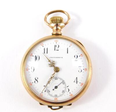 A Jaccard lady's gold plated pocket watch, open faced, keyless wind, circular white enamel dial bearing Arabic numerals, subsidiary seconds dial, movement no. 1265025, the case of plain form, monogram engraved.