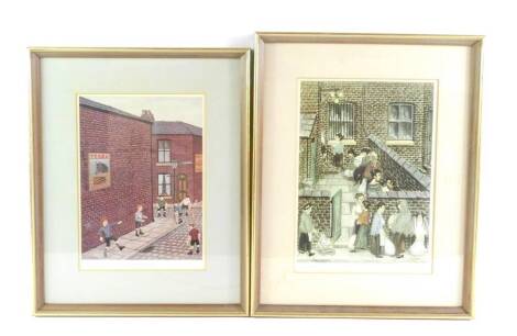 After Tom Dodson (British, 1910-1991). Cricket Match, signed print, 31.5cm x 22cm, together with Back Street Alley, signed limited edition print, 73/850, 34.5cm x 24.5cm. (2)