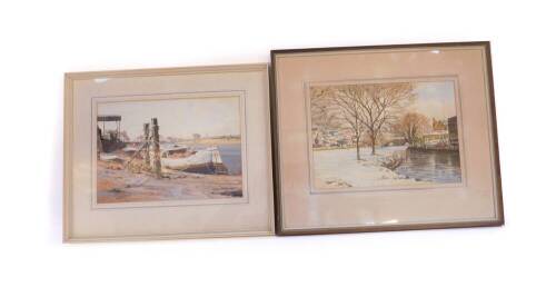 Cyril J Mayes (British, 20thC). Stamford Meadows with a covering of snow, watercolour, signed, dated 1970, 23cm H x 33cm W, together with a riverside view, possibly King's Lynn, watercolour, signed, 23.5cm x 33.5cm. (2)