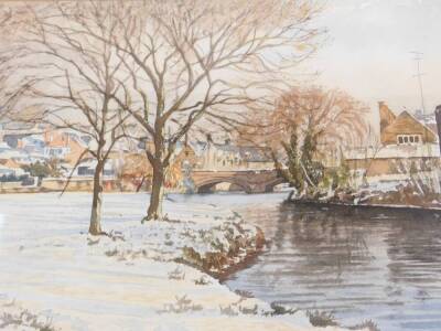 Cyril J Mayes (British, 20thC). Stamford Meadows with a covering of snow, watercolour, signed, dated 1970, 23cm H x 33cm W, together with a riverside view, possibly King's Lynn, watercolour, signed, 23.5cm x 33.5cm. (2) - 2