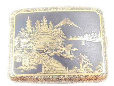 A Japanese niello curvilinear cigarette case, decorated to the front with a riverscape with Mount Fuji in the background, verso birds and a branch, both within floral borders, 10.5cm W.