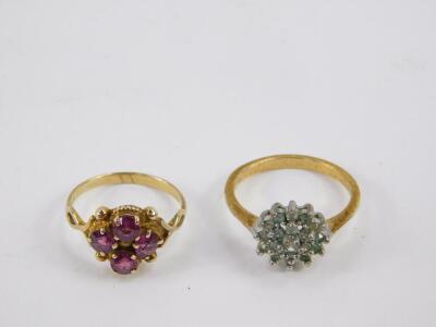 A 9ct gold and amethyst four stone ring, size O/P, 2.9g., and a further gem set ring. (2) - 2