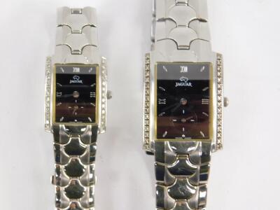 A pair of Jaguar stainless steel gentleman's and lady's dress wristwatches, rectangular black dials with Roman numerals at quarters, subsidiary seconds dial, on stainless steel straps. - 2