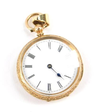 A lady's 14ct gold cased pocket watch, open faced, key wind, enamel dial bearing Roman numerals, movement by Thos. Russell & Sons, Liverpool., the case with engraved floral and foliate decoration, shield reserve, 40.8g all in. (AF)