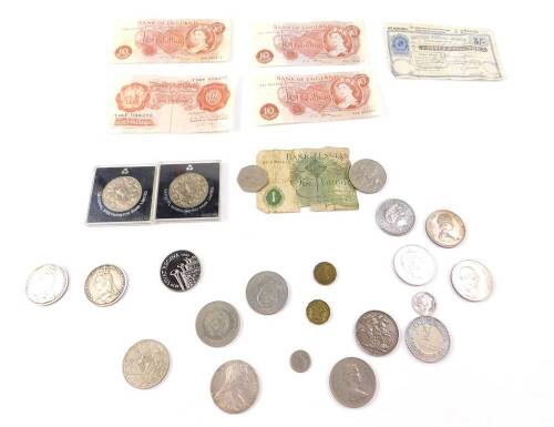 Coins and bank notes, including three Victorian crowns, 1890 (x2) and 1892, Marie Therese Dollar, commemorative crowns, three Fforde ten shilling notes and an O'Brien ten shilling note, and a George V three shillings postal order. (qty)