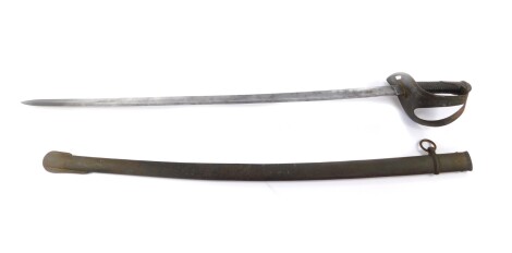 A Cavalry sabre, possibly German, late 19thC, with iron guard and wire bound grip, single edged blade stamped FC and Solingen, with scabbard, blade 89cm L.