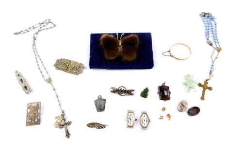 Silver and costume jewellery, including paste set brooches, rosaries, gold plated baby's bangle and two lady's cocktail wristwatches. (qty)