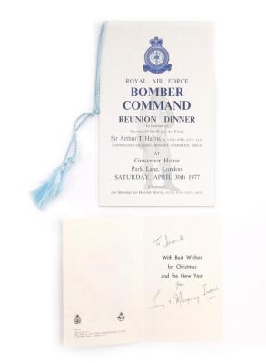 Royal Air Force Bomber Command Reunion Dinner Menu, to include signatures of 617 Squadron Members David Shannon, Mick Martin, and others, together with two Christmas cards to the vendor, one signed by 617 Squadron Member Tony Iveson, the other signed by R