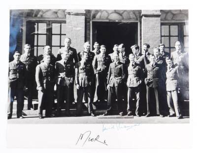 A photograph of 617 Squadron Dambuster Air Crew Members, outside of The Officer's Mess RAF Scampton, signed by David Shannon.