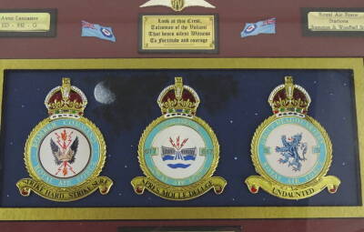 A limited edition Guy Gibson memorial plaque, with crests, mottos and badges, No. 2 of 50, signed verso by Ruth Gibson (sister-in-law) and J.L. Stiles (sister), dated stamped 17th May 1992, 40cm x 50cm (incl. frame). - 3