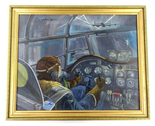 Curry. Arthur T Harris RAF, Lancaster cockpit under night fire, oil on canvas, 48cm x 60cm.