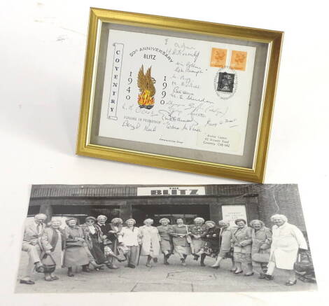 A 1990 Coventry Blitz Anniversary first day cover, with many signatures, together with a black and white photograph outside the Herbert Art Gallery and Museum. (2)